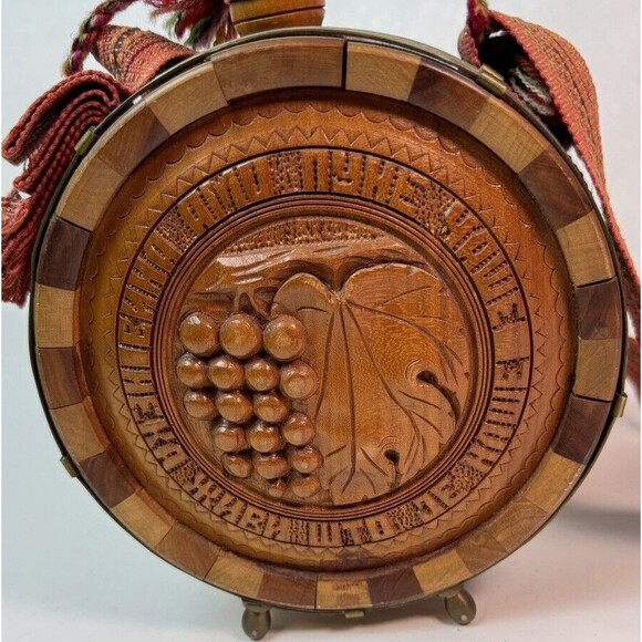 Vintage Wooden Flask Drinking Vessel Antique Hand Carved Wooden Flask  w/Strap - Picture 8 of 10